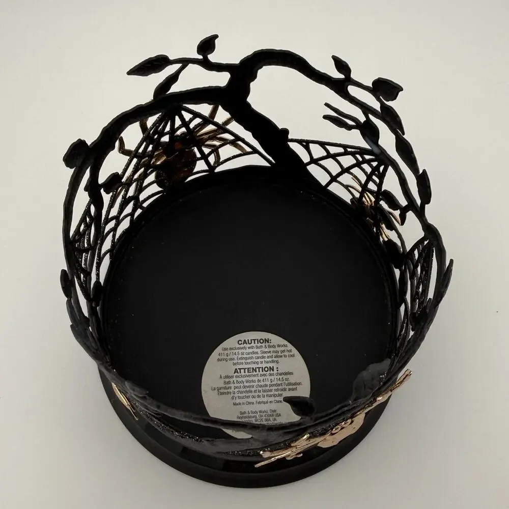 Bath & Body Works Candle Holder Halloween Spiderwebs Black w Gold Spiders 3 Wick - Picture 4 of 7